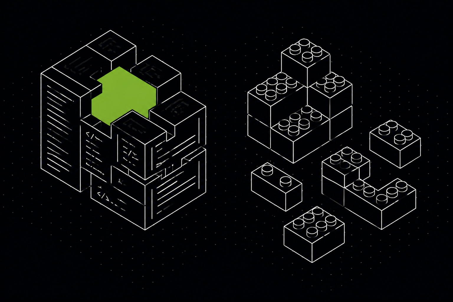 Ilustração isométrica comparando blocos de código sob medida e blocos no-code de arrastar e soltar, com peça verde — 61labs