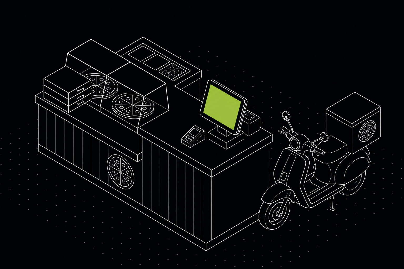 Ilustração isométrica de um balcão de pizzaria com PDV e uma scooter de delivery, tela do PDV em verde — 61labs