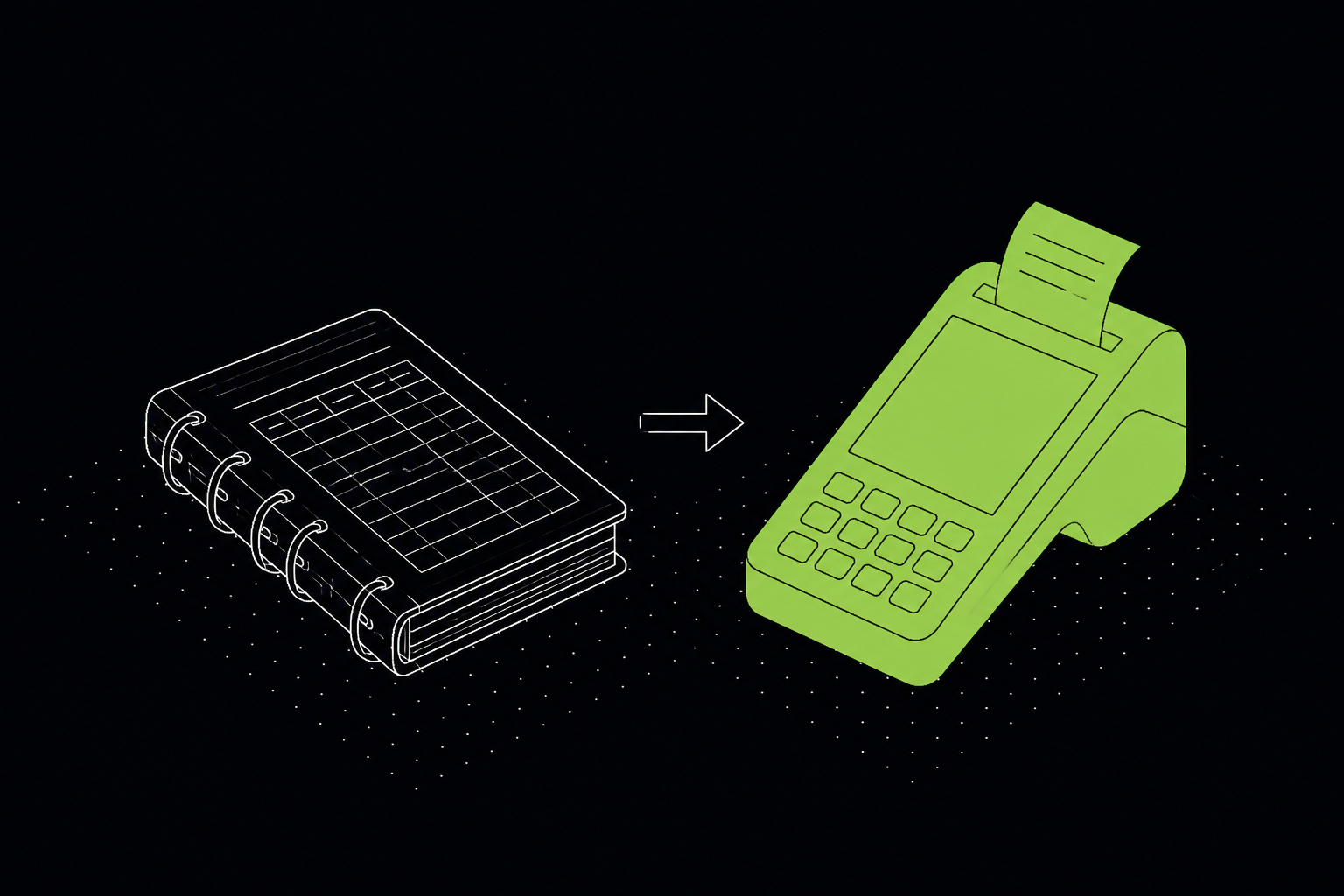 Ilustração isométrica de um caderno de papel se transformando em um terminal de PDV, terminal em verde — 61labs