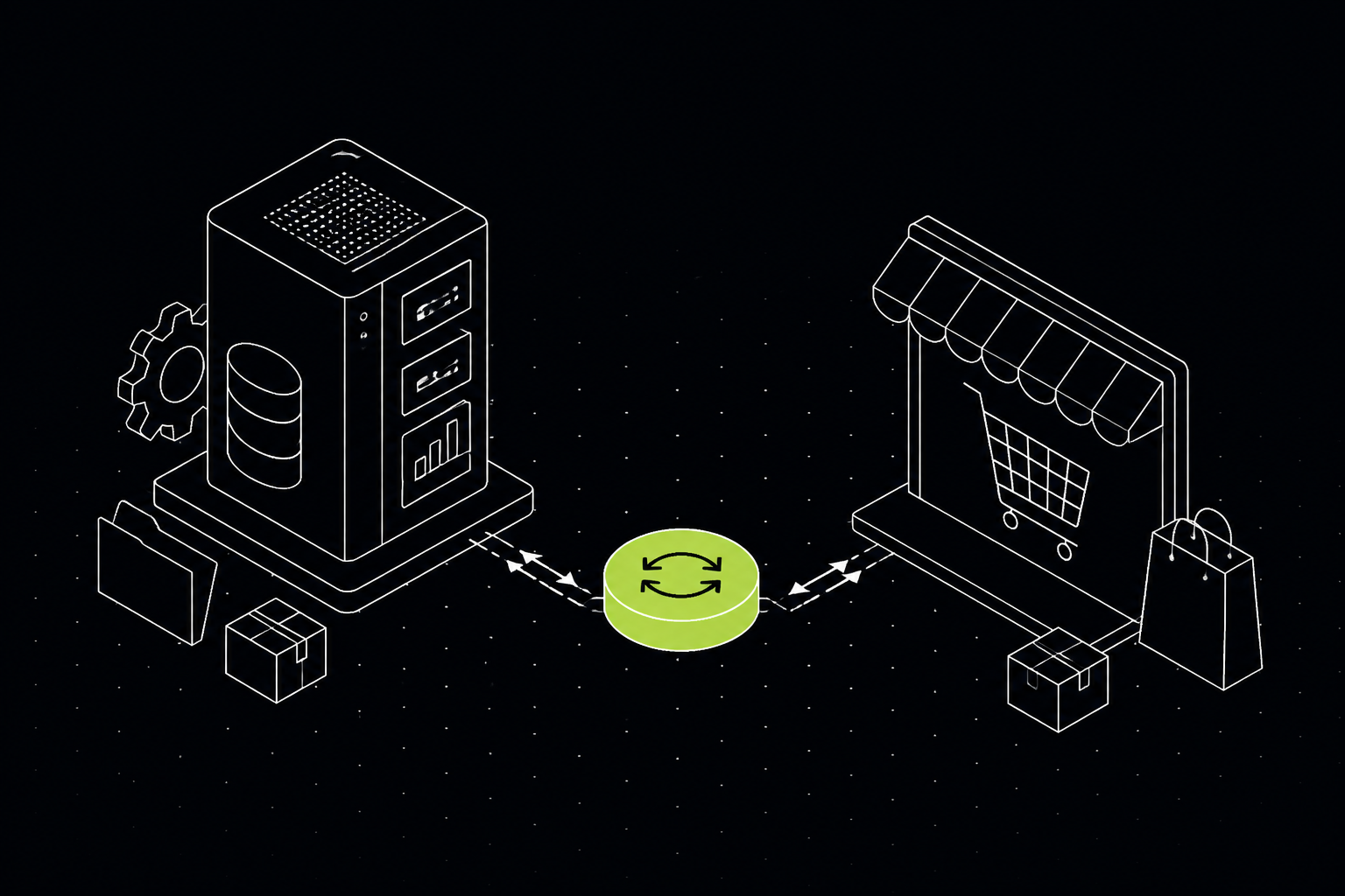Ilustração isométrica de um ERP sincronizando com uma loja online por setas de integração, hub em verde — 61labs