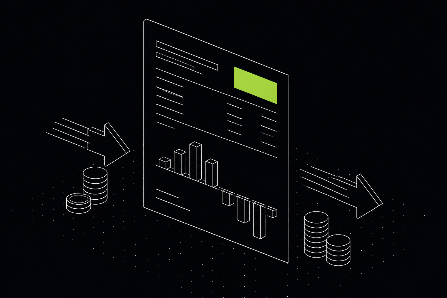 Ilustração isométrica de um relatório financeiro com gráfico de fluxo de caixa, resultado em verde — 61labs