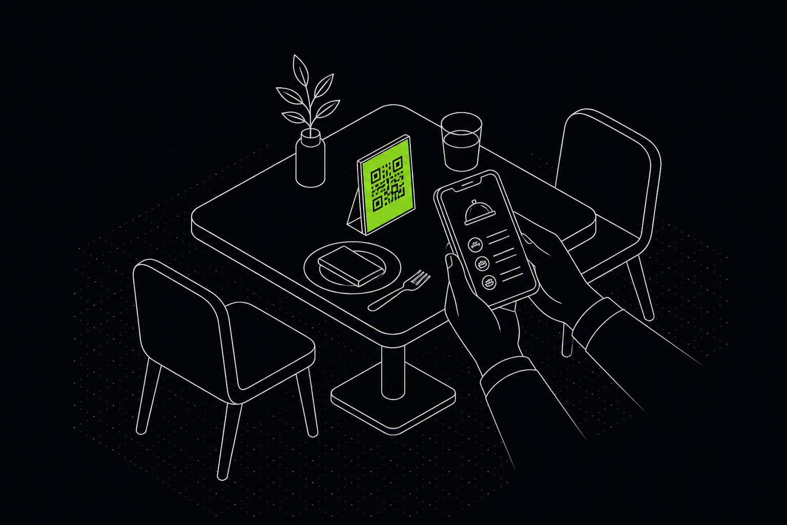 Ilustração isométrica de mesa de restaurante com QR Code sendo escaneado por celular, QR em verde — 61labs