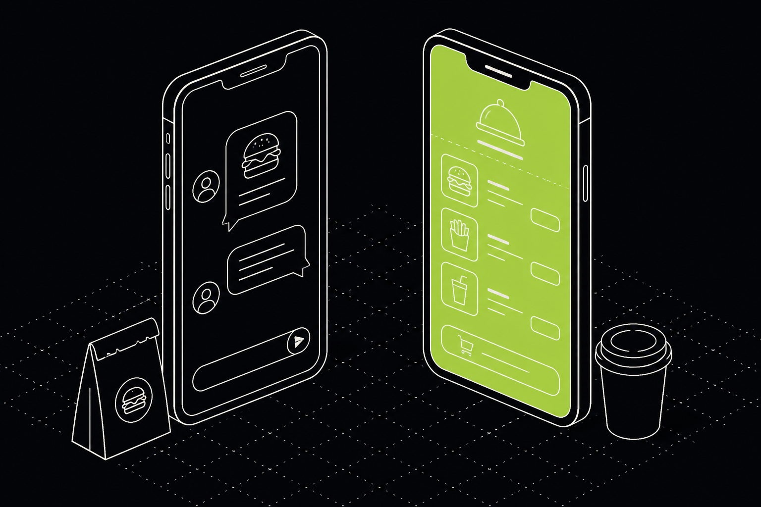 Ilustração isométrica comparando pedido por chat de mensagem e por app próprio, app em verde — 61labs