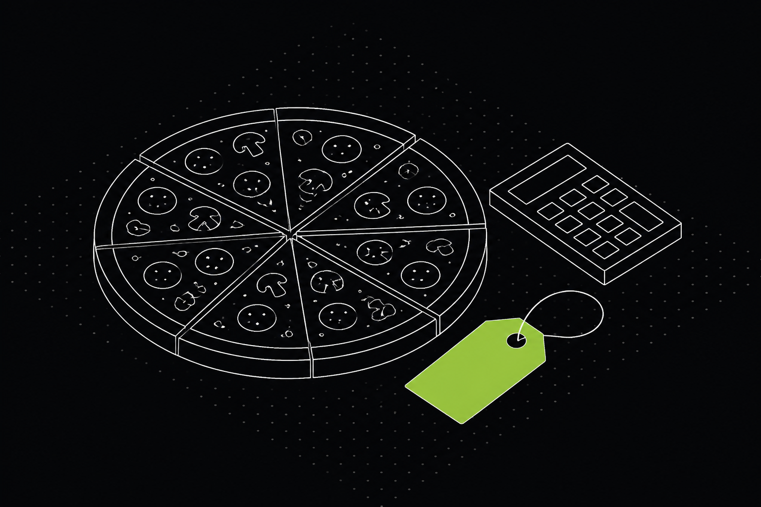 Ilustração isométrica de uma pizza fatiada ao lado de calculadora e etiqueta de preço, etiqueta em verde — 61labs