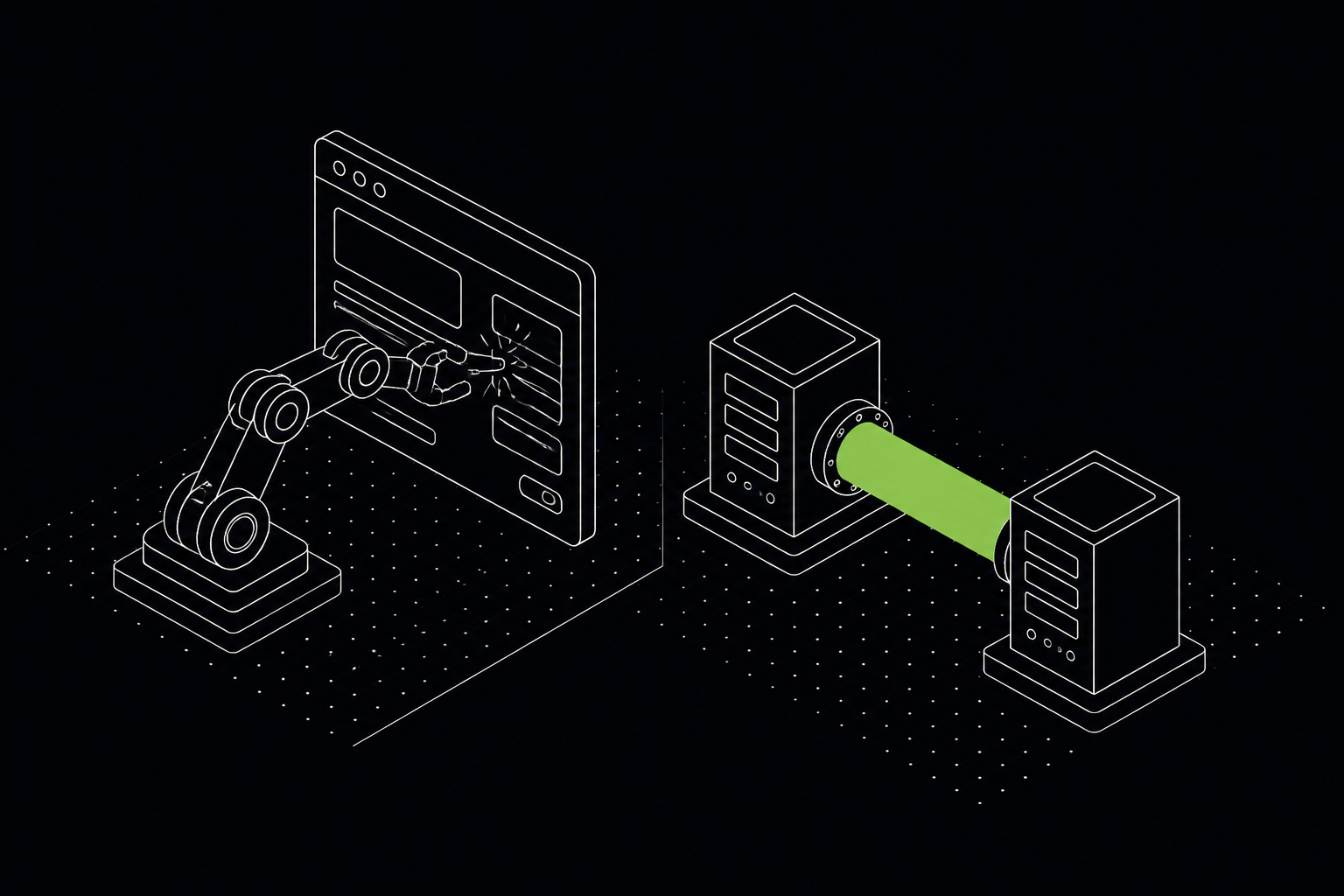 Ilustração isométrica contrastando um robô de RPA clicando numa tela e um pipe direto de API entre sistemas, pipe em verde — 61labs