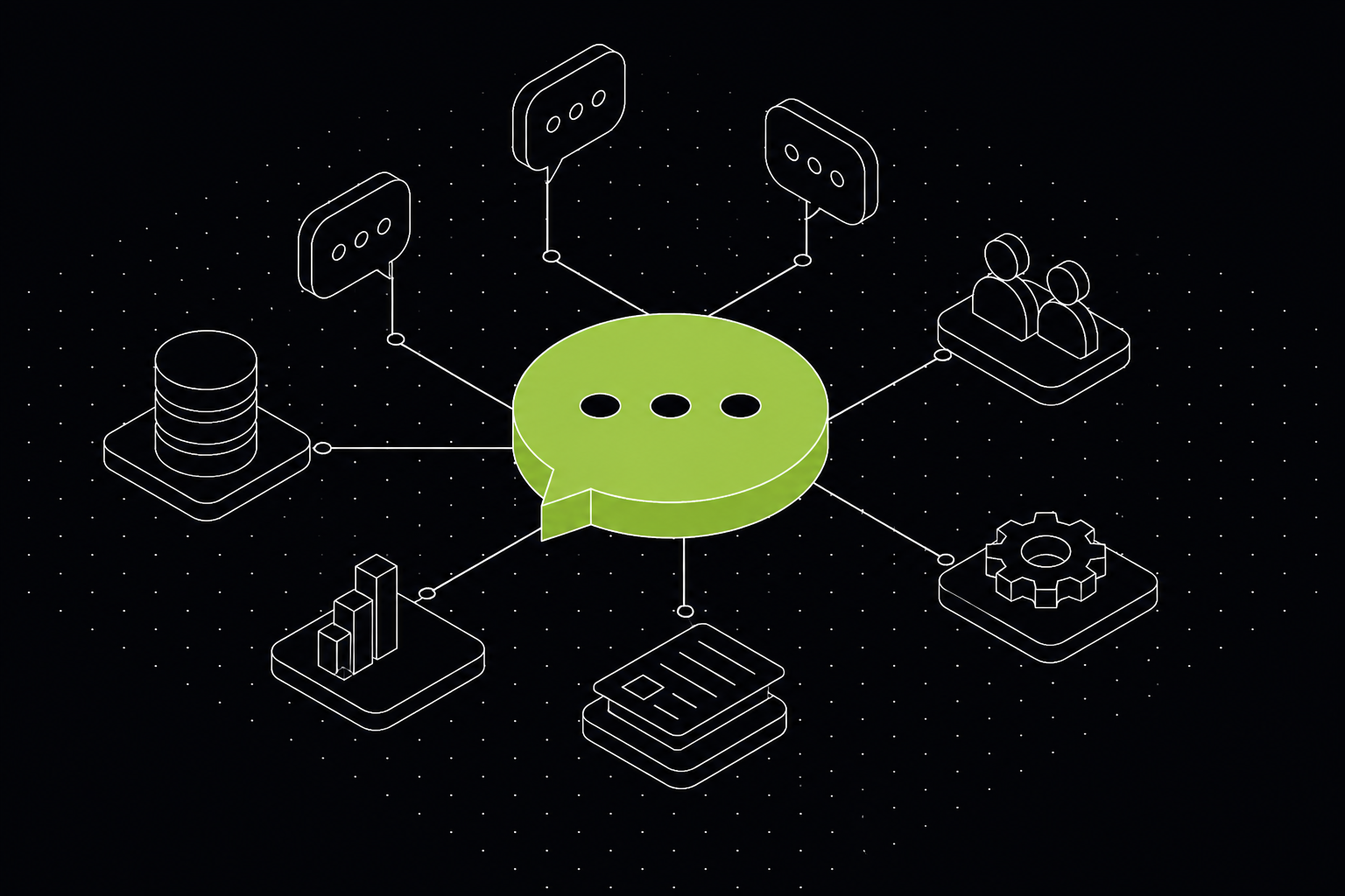 Ilustração isométrica de uma plataforma de mensagens conectada a sistemas de negócio, hub em verde — 61labs