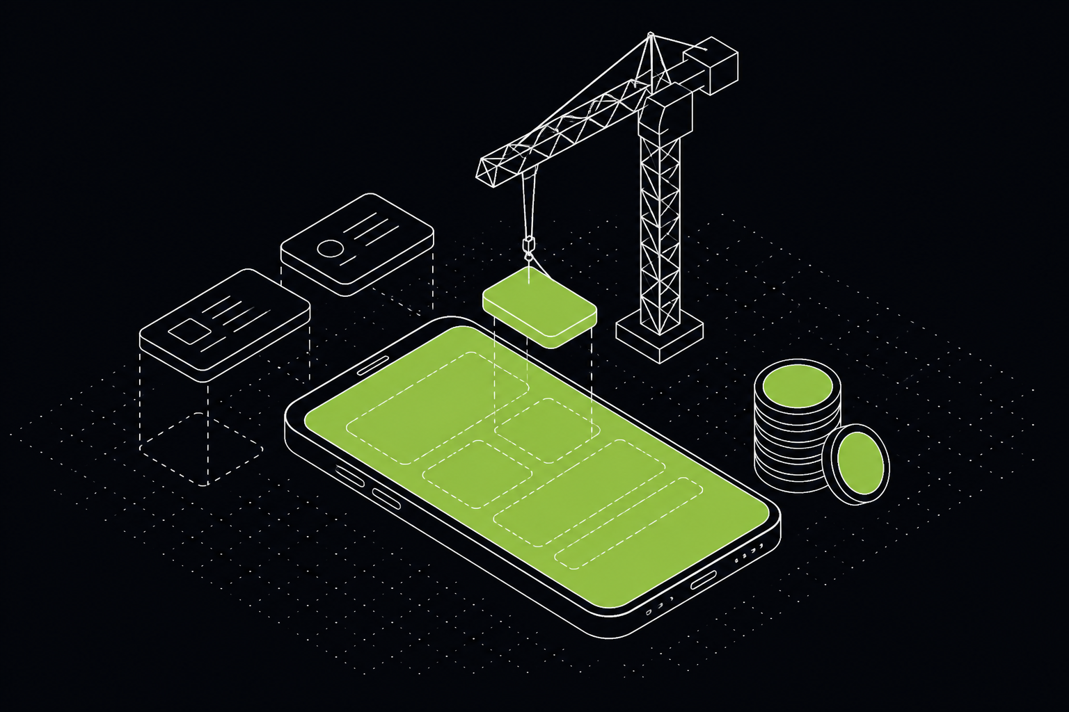 Ilustração isométrica de um aplicativo sendo construído por blocos de tela com moedas ao lado, app em verde — 61labs
