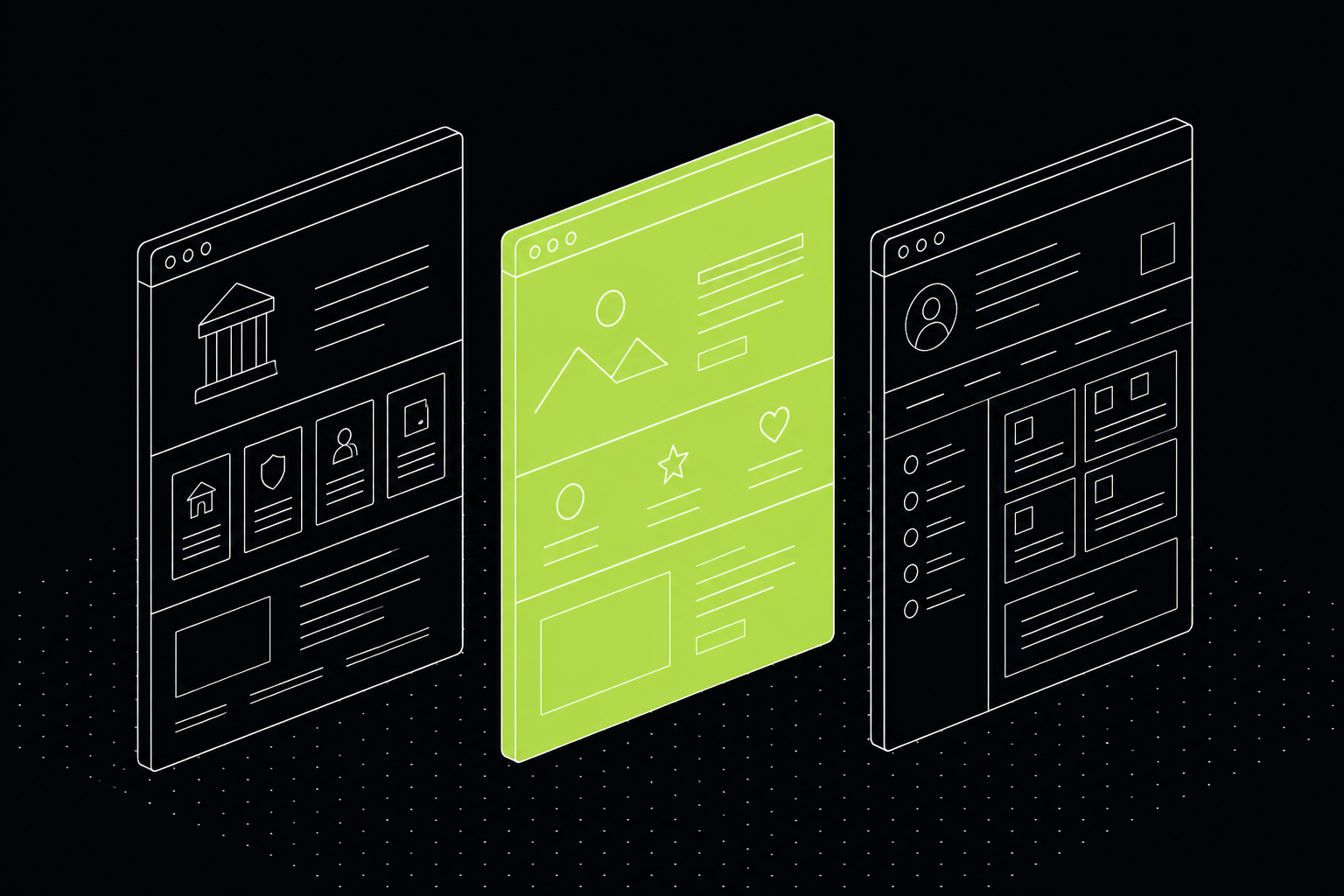 Ilustração isométrica comparando site institucional, landing page e portal, a landing em verde — 61labs