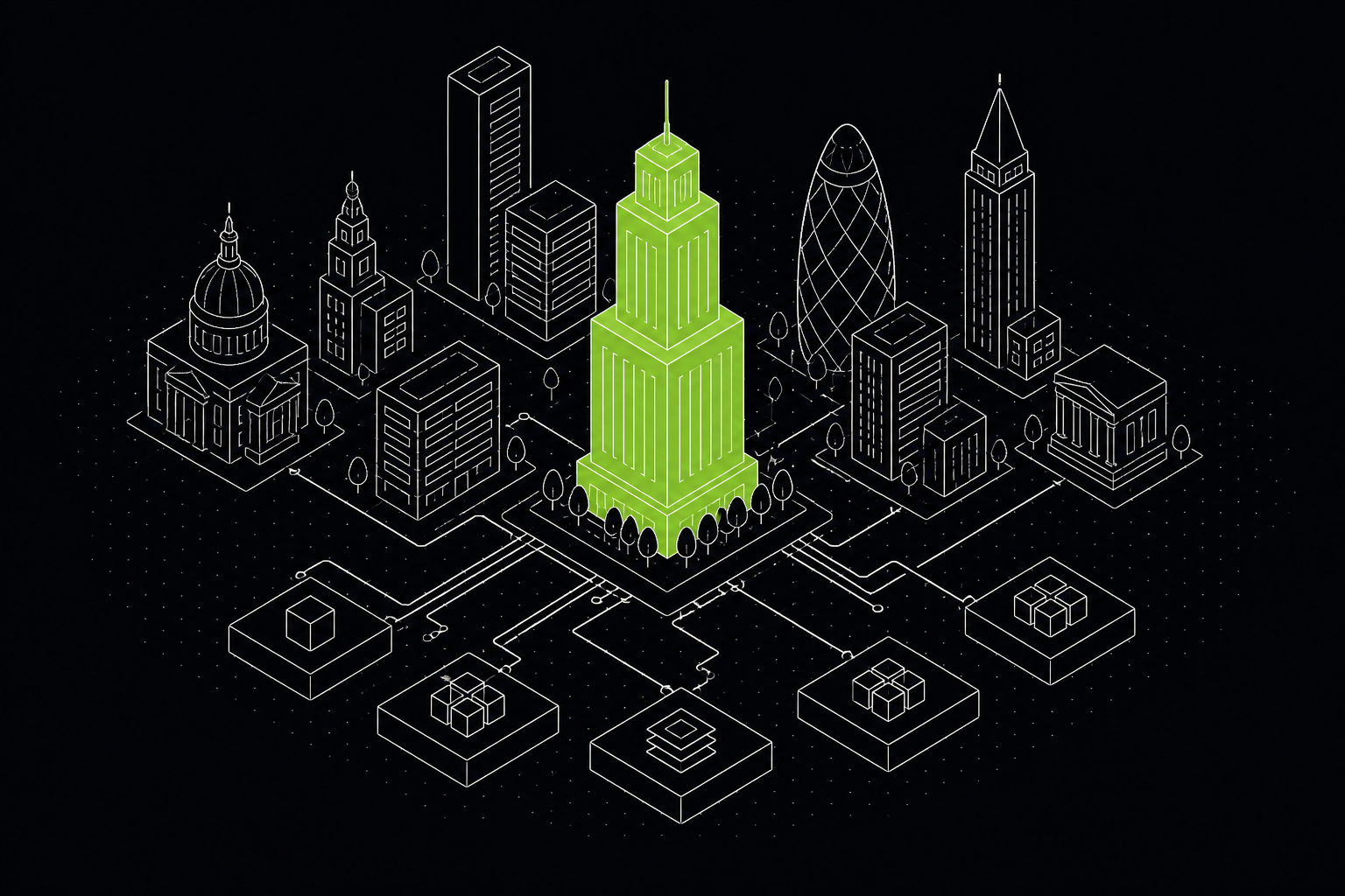 Ilustração isométrica de um distrito de edifícios modernos conectados a módulos de software, prédio central em verde — 61labs