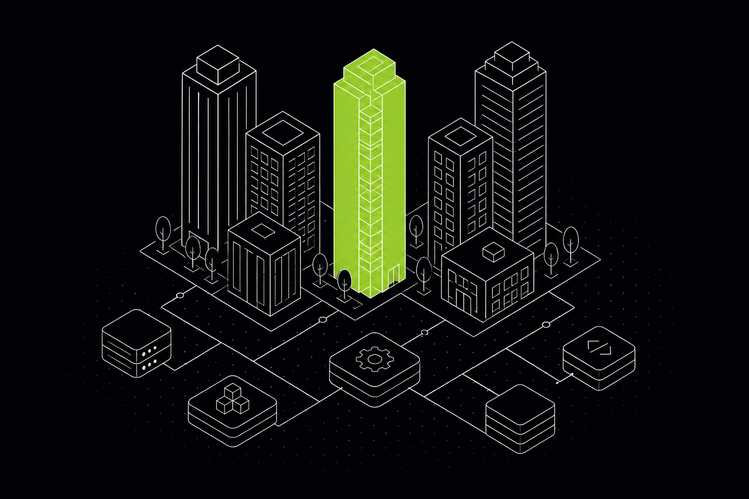 Ilustração isométrica de torres modernas conectadas a blocos de sistema, uma torre em verde — 61labs