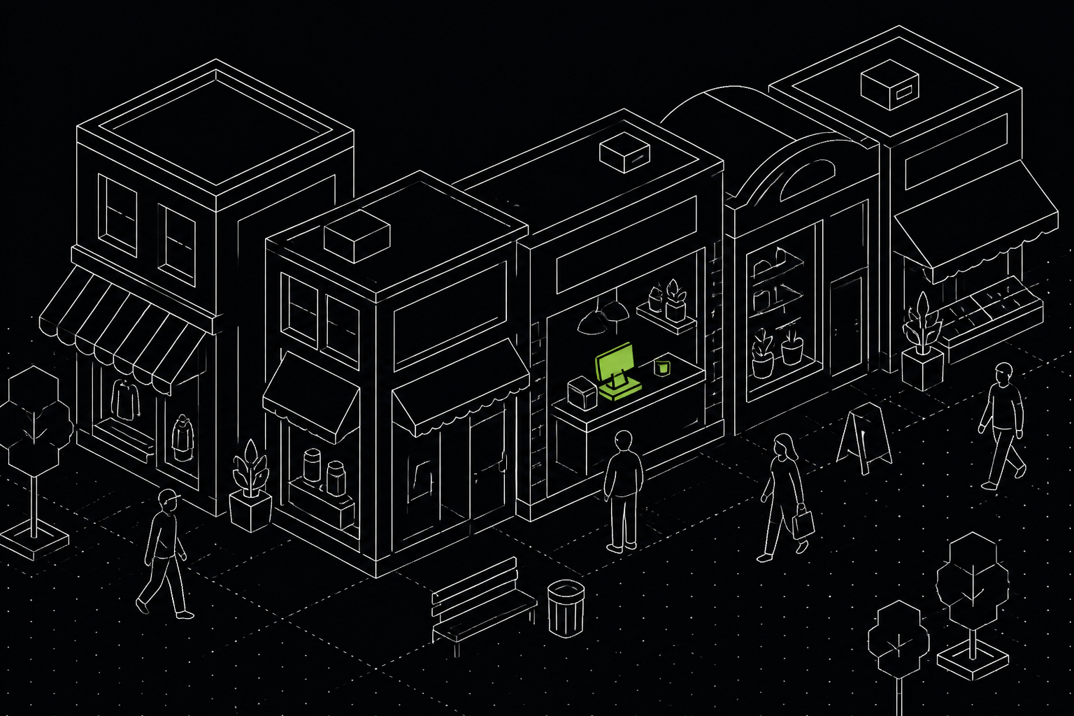 Ilustração isométrica de uma fileira de lojas comerciais com um PDV no balcão, terminal em verde — 61labs