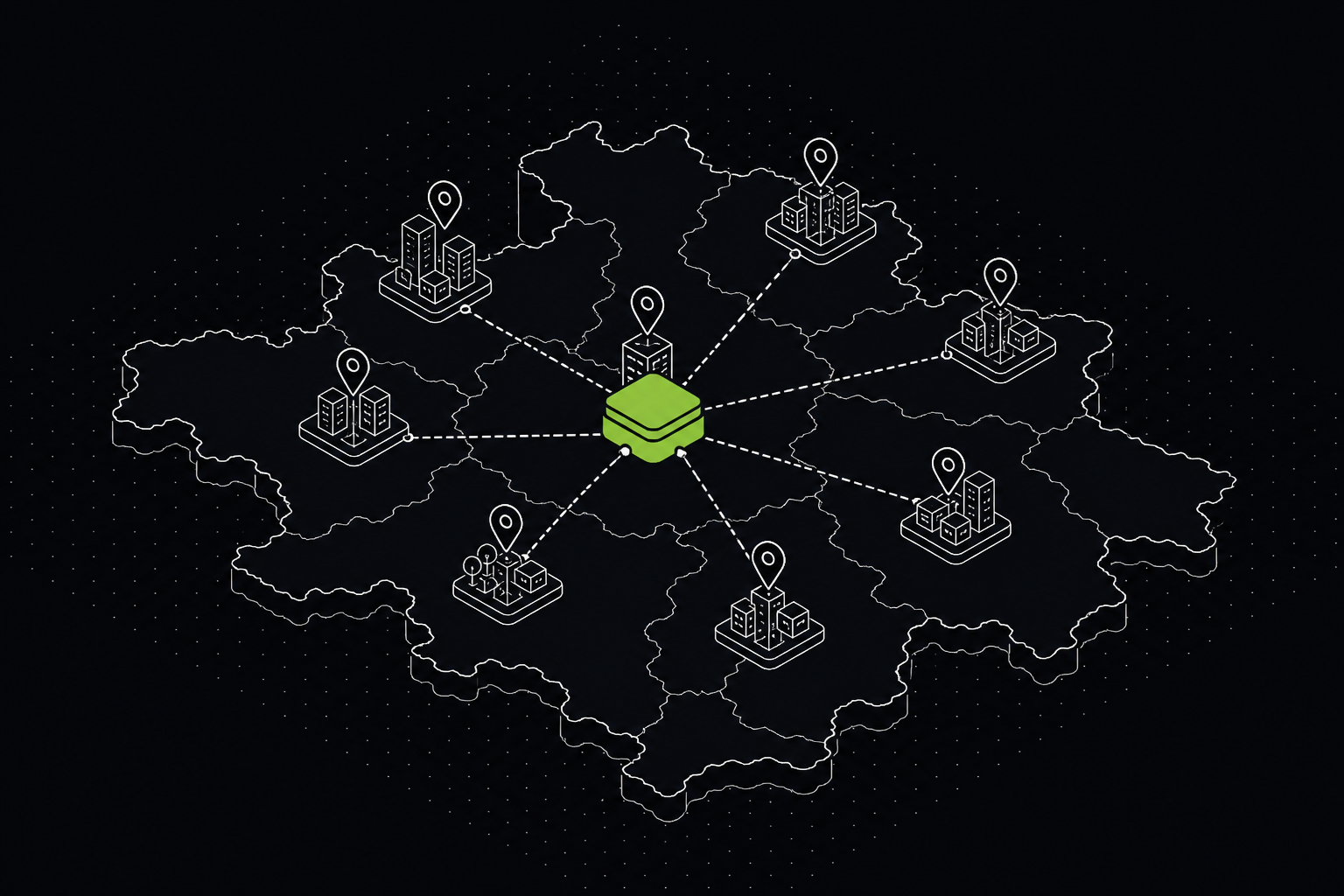Ilustração isométrica de um mapa regional com cidades conectadas a um hub central de software, hub em verde — 61labs
