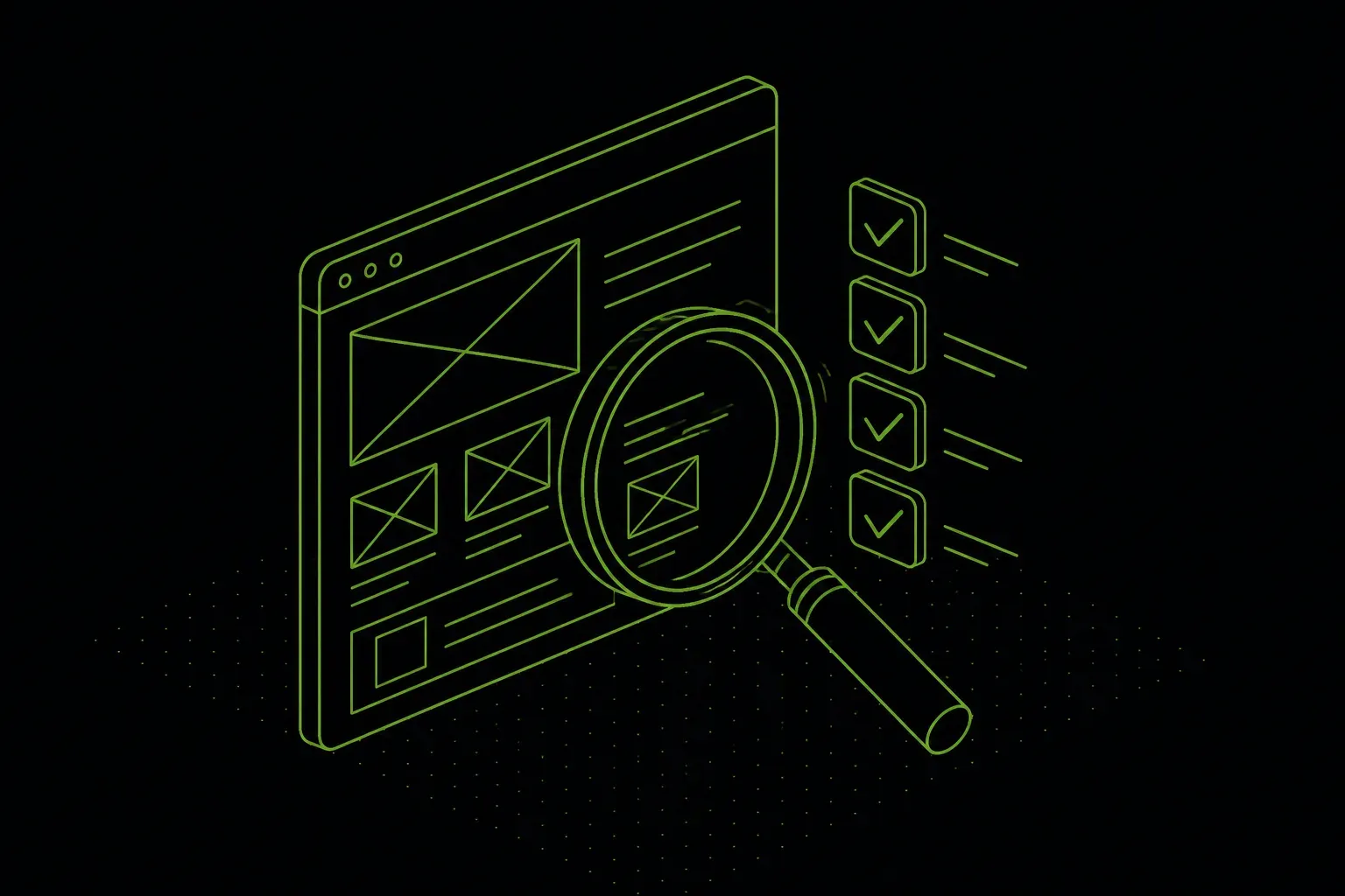 Ilustração isométrica de uma lupa avaliando um site com uma lista de verificação, representando como escolher a melhor agência de criação de sites em Brasília.