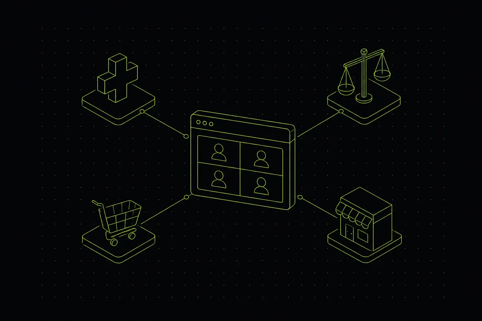 Ilustração isométrica de ícones de segmentos (saúde, advocacia, e-commerce) conectados a um site, representando empresas de criação de sites por segmento em Brasília.