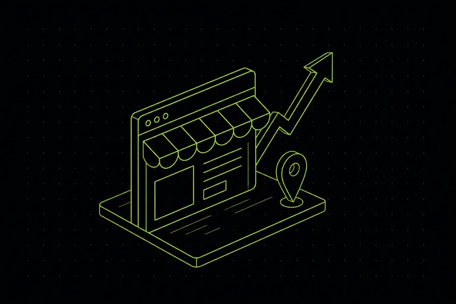 Ilustração isométrica de um site em formato de vitrine com uma seta de crescimento, representando a importância de ter um site profissional para a empresa.
