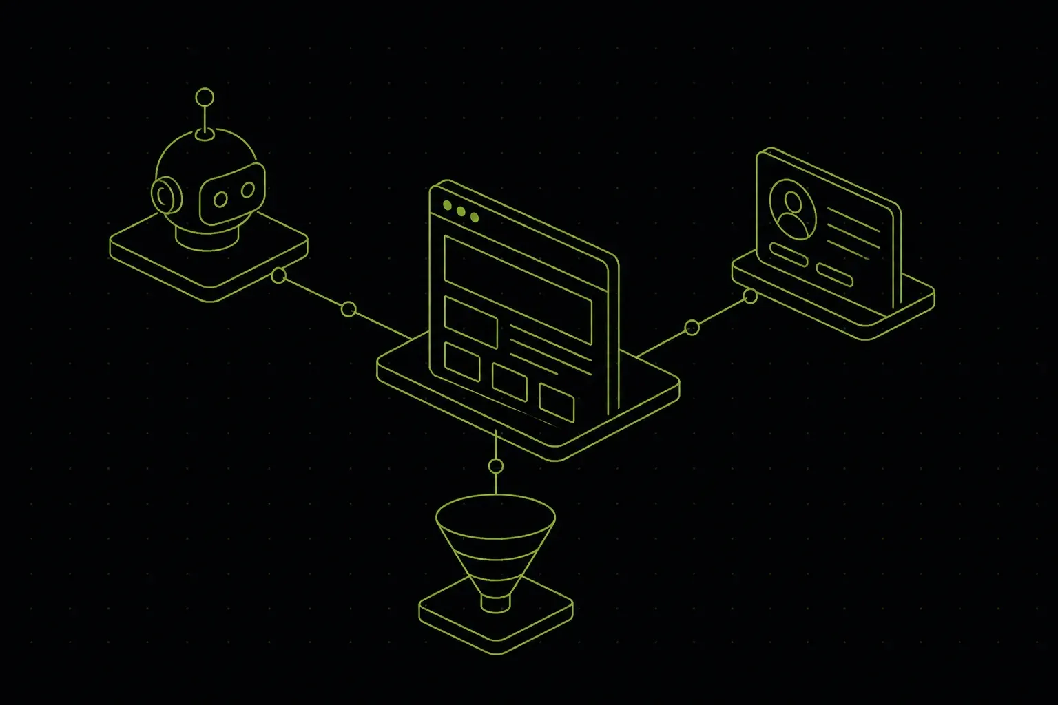 Ilustração isométrica de um site conectado a inteligência artificial, CRM e funil de vendas, representando os benefícios de um site completo.