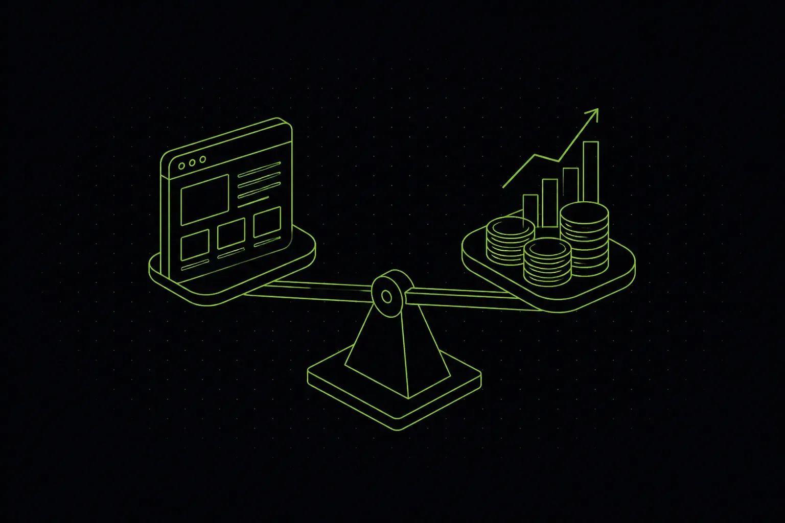 Ilustração isométrica de um site equilibrado com moedas e um gráfico de retorno, representando quanto custa criar um site profissional e o retorno do investimento.